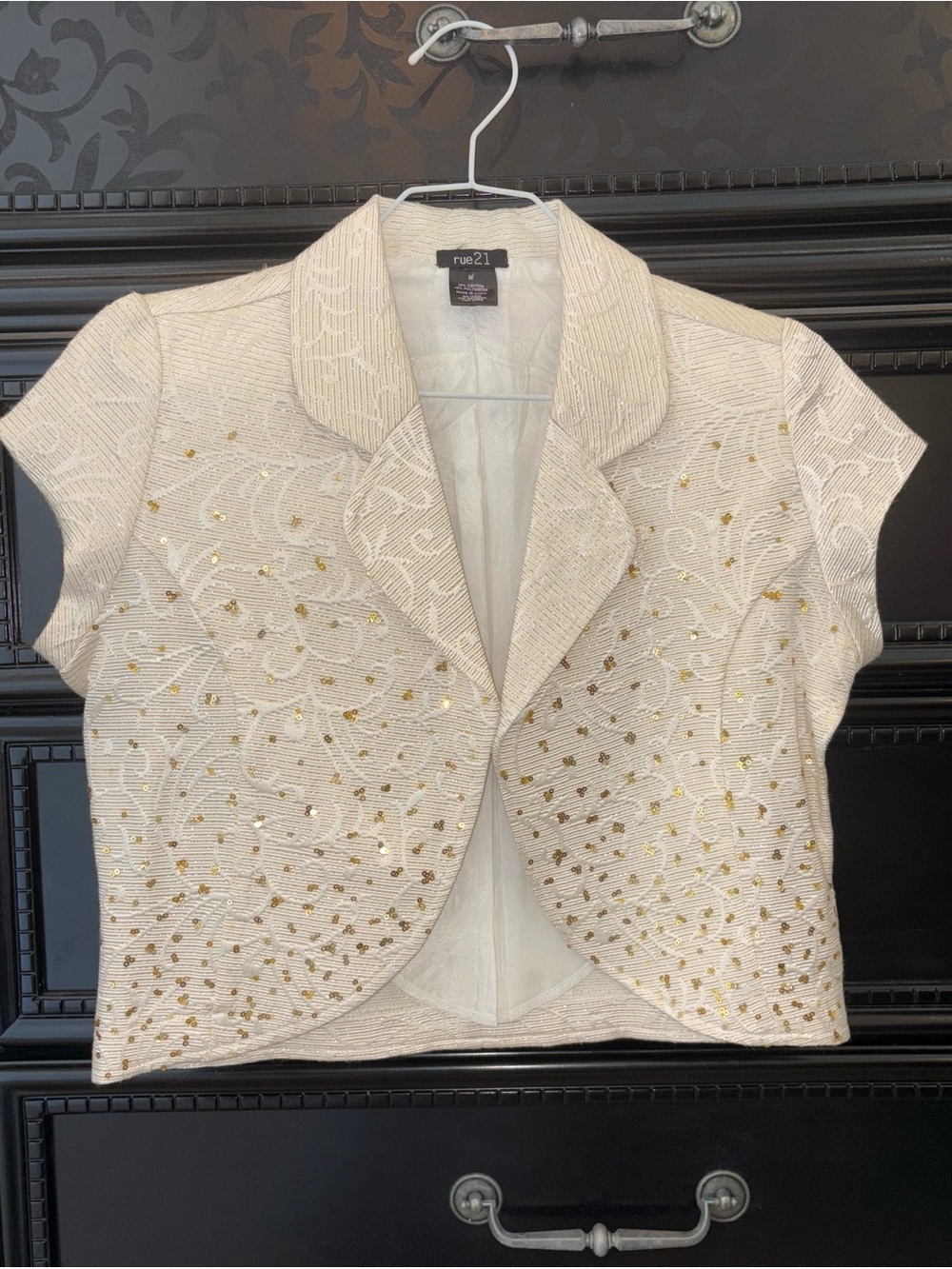 Rue21 Ivory Cropped Blazer with Gold Sequin Embellishment